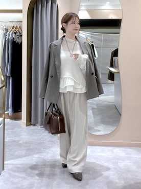 「mysty woman（ミスティウーマン）のシアーモヘアライクショートプルオーバー　1077984（ニット/セーター、ホワイト系）」を使った、エリンギさん（レディース・153cm）の秋コーディネート