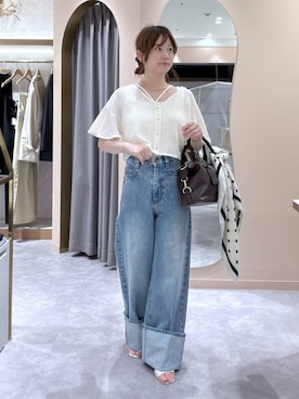 「mysty woman（ミスティウーマン）の［追加1］ラッセルレースアンサンブルSS　104216（カーディガン/ボレロ、ホワイト系）」を使った、エリンギさん（レディース・153cm）の春コーディネート