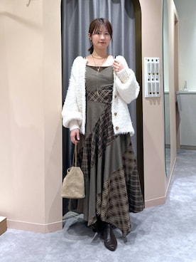「mysty woman（ミスティウーマン）の切り替えチェックキャミワンピース　583340（ワンピース）」を使った、エリンギさん（レディース・153cm）の秋コーディネート
