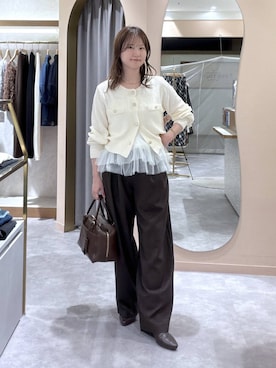 「mysty woman（ミスティウーマン）のストレートタックパンツ 1055380（その他パンツ、ブラウン系）」を使った、エリンギさん（レディース・153cm）の秋コーディネート