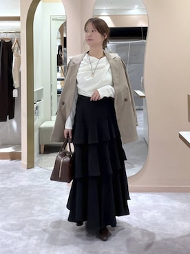 「mysty woman（ミスティウーマン）のドレープカットソー長袖　 1077243（Tシャツ/カットソー、ホワイト系）」を使った、エリンギさん（レディース・153cm）の秋コーディネート
