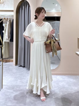 「mysty woman（ミスティウーマン）の［追加1］ラッセルレースアンサンブルSS　104216（カーディガン/ボレロ、ホワイト系）」を使った、エリンギさん（レディース・153cm）の春コーディネート