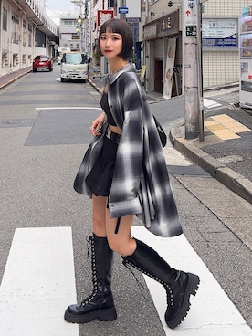 「PAGEBOY（ページボーイ）のオンブレチェックルーズシャツ（シャツ/ブラウス）」を使った、Hinechiさん（レディース・158cm）の秋コーディネート