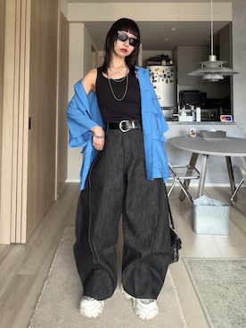 「RAGEBLUE（レイジブルー）のSheer Nylon Fatigue Shirt/シアーファティーグシャツ（シャツ/ブラウス、ブルー系）」を使った、Hinechiさん（レディース・160cm）の春コーディネート