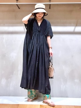 「SMELLY（スメリー）のジュートライクハット（ハット、ベージュ系）」を使った、ｶﾅｺさん（レディース・162cm）の夏コーディネート
