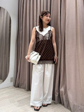 「mystic（ミスティック）のスリットサテンレースキャミ（キャミソール、ブラウン系）」を使った、hiyoriさん（レディース・156cm）の夏コーディネート