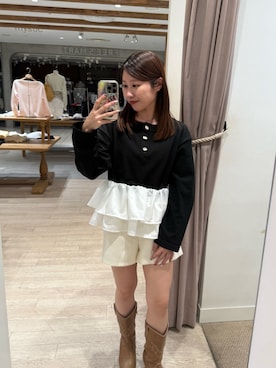 「mystic（ミスティック）の【4色展開◎】ペプラムヘンリーニット（ニット/セーター、ブラック系）」を使った、hiyoriさん（レディース・156cm）の春コーディネート