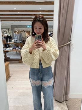 「mystic（ミスティック）のポコポコニットカーディガン（カーディガン/ボレロ、ホワイト系）」を使った、hiyoriさん（レディース・156cm）の秋コーディネート