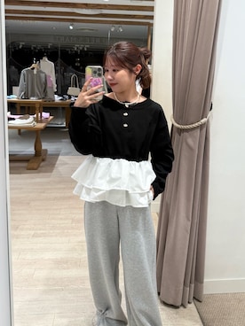 「mystic（ミスティック）の【4色展開◎】ペプラムヘンリーニット（ニット/セーター、ブラック系）」を使った、hiyoriさん（レディース・156cm）の春コーディネート