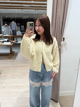 「mystic（ミスティック）のポコポコニットカーディガン（カーディガン/ボレロ、ホワイト系）」を使った、hiyoriさん（レディース・156cm）の秋コーディネート