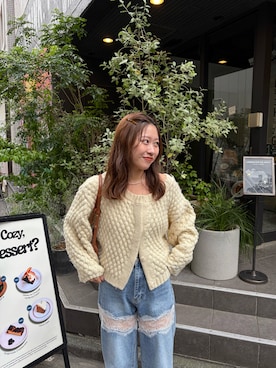 「mystic（ミスティック）のポコポコニットカーディガン（カーディガン/ボレロ、ホワイト系）」を使った、hiyoriさん（レディース・156cm）の秋コーディネート