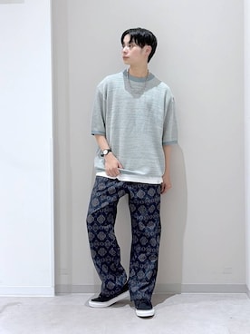 「GLOBAL WORK（グローバルワーク）のトクトク2SETメッシュニット×フレンチスリーブ/1023229（ニット/セーター、グリーン系）」を使った、タクミさん（メンズ）の夏コーディネート