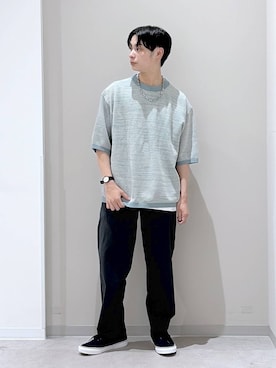「GLOBAL WORK（グローバルワーク）のトクトク2SETメッシュニット×フレンチスリーブ/1023229（ニット/セーター、グリーン系）」を使った、タクミさん（メンズ）の夏コーディネート