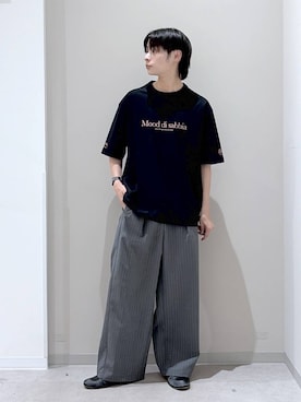「GLOBAL WORK（グローバルワーク）のノンストレスリッチワイドパンツ/632962（その他パンツ、グレー系）」を使った、タクミさん（メンズ）の夏コーディネート