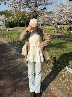 「aeae（エーイーエーイー）のアイテム（キャップ）」を使った、もんちさん（レディース・157cm）の春コーディネート