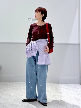 「GLOBAL WORK（グローバルワーク）のサラサラヘンリーネック長袖プルオーバー/1017895（Tシャツ/カットソー、レッド系）」を使った、nakamu29さん（レディース）の秋コーディネート
