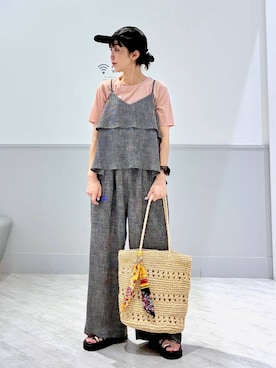 「GLOBAL WORK（グローバルワーク）の手編みペーパーBAG/651445（トートバッグ、ベージュ系）」を使った、nakamu29さん（レディース）の夏コーディネート