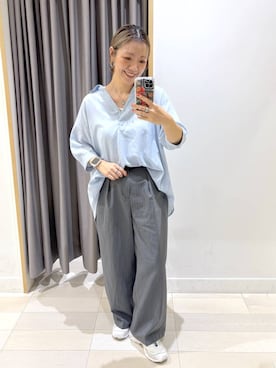 「GLOBAL WORK（グローバルワーク）のノンストレスリッチワイドパンツ/632962（その他パンツ、グレー系）」を使った、たかなさん（レディース・162cm）の夏コーディネート