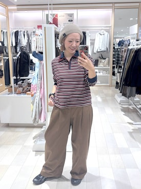 「GLOBAL WORK（グローバルワーク）のダブル襟マルチボーダーポロ/1042903（Tシャツ/カットソー、レッド系）」を使った、たかなさん（レディース・162cm）の秋コーディネート