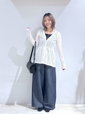 「GLOBAL WORK（グローバルワーク）のシャーリングレースペプラム/1046552（Tシャツ/カットソー、ホワイト系）」を使った、たかなさん（レディース・162cm）の夏コーディネート
