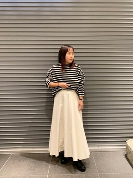 「かぐれ（カグレ）のボーダーワイドカットソー（Tシャツ/カットソー）」を使った、maho.さん（レディース・156cm）の秋コーディネート