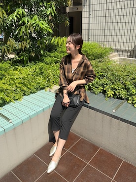 「SHENERY（シーナリー）のバックボタンチェックシャツ（シャツ/ブラウス、ブラウン系）」を使った、kawai_160cmさん（レディース・160cm）の夏コーディネート