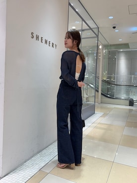 「SHENERY（シーナリー）のバックデザインペーパーメッシュカーディガン（カーディガン/ボレロ、ブルー系）」を使った、kawai_160cmさん（レディース・160cm）の春コーディネート