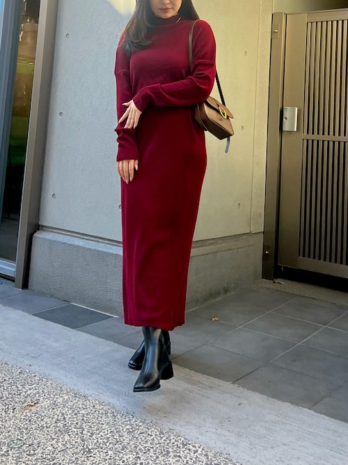 42337 レディース　ハイネック　ニットロングワンピース　茶色 ELFRANK ワンピース タートルネックティアードニットロングワンピース