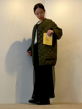 「Barbour（バブアー）のBarbour/バブアー　QUILTED NO COLLAR COAT（ノーカラーコート、グリーン系）」を使った、ことりのガワ。さん（レディース・151cm）の春コーディネート