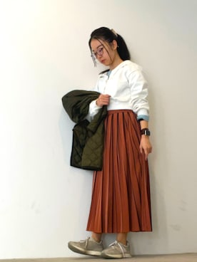 「BEAUTY&YOUTH UNITED ARROWS（ビューティーアンドユースユナイテッドアローズ）のBY プリントラインプリーツ スカート ◆（スカート、オレンジ系）」を使った、ことりのガワ。さん（レディース・151cm）の春コーディネート