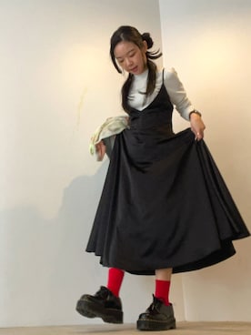 「qumerry.（キュメリ）のバックレースアップキャミワンピース（ワンピース、ブラック系）」を使った、ことりのガワ。さん（レディース・151cm）の春コーディネート