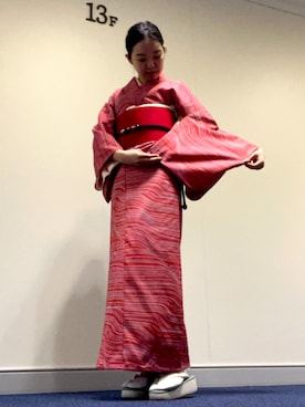 「ひいおばあちゃんのアンティーク着物のアイテム（着物、ピンク系）」を使った、ことりのガワ。さん（レディース・151cm）の春コーディネート