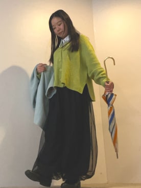 「SHIPS（シップス）の〈手洗い可能〉へアリー 畦編み カーディガン ◇（カーディガン/ボレロ、グリーン系）」を使った、ことりのガワ。さん（レディース・151cm）の春コーディネート