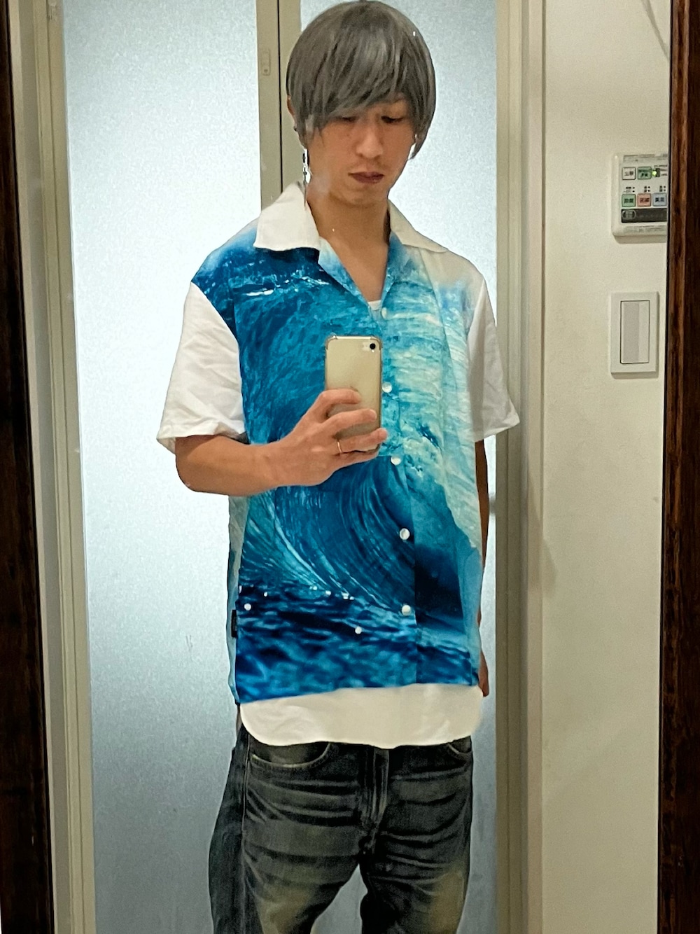 「お洒落さんとつながりたい、夏コーデ、ラフコーデ、古着コーデ、さわやかコーデ、腰パン、腰パン部、休日コーデ、腰パンスタイル、低身長コーデ、低身長男子、おじさんコーデ」｜「ACのアイテム（シャツ/ブラウス、ブルー系）」を使った、Hayateさん（メンズ・164cm）の夏コーディネートの1枚目の写真