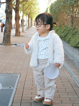 「アイテム（モカシン/デッキシューズ、ブラウン系）」を使った、ゆちさん（キッズ・80cm）の冬コーディネート