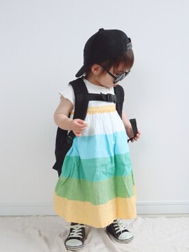 「devirock（デビロック）のアイテム（バッグ）」を使った、ゆちさん（キッズ・90cm）の夏コーディネート