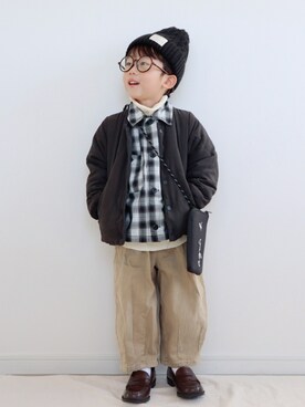 「西松屋（ニシマツヤ）のアイテム（ノーカラージャケット）」を使った、ゆちさん（キッズ・100cm）の冬コーディネート