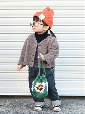 「アイテム（カーディガン/ボレロ、ブラウン系）」を使った、ゆちさん（キッズ・80cm）の冬コーディネート