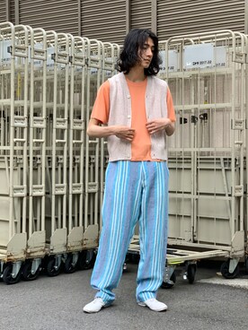 「NICHOLAS DALEY（ニコラスデイリー）のアイテム（パンツ）」を使った、ware-mo-kou 井上慎斗さん（メンズ・185cm）の夏コーディネート
