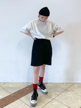 「カラーソックス」｜「アイテム（ニットキャップ/ビーニー）」を使った、ゆいさん（レディース・154cm）の春コーディネート