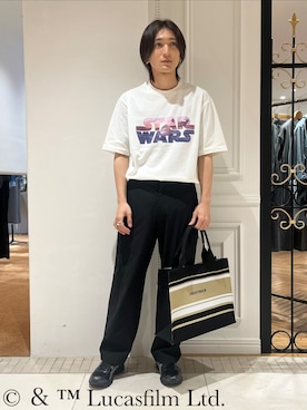 「DRESSTERIOR（ドレステリア）の【接触冷感/ドライタッチ素材】STAR WARS ロゴTシャツ（T恤、ホワイト系）」を使った、がくさん（メンズ・172cm）の春コーディネート
