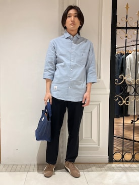 「DRESSTERIOR（ドレステリア）のバイオリネン スリークオーターシャツ（襯衫、ブルー系）」を使った、がくさん（メンズ・172cm）の春コーディネート