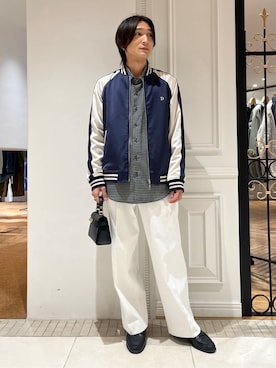 「DRESSTERIOR（ドレステリア）の【MonoMax4月号掲載】ピストルラビット スカジャン（短外套、ブルー系）」を使った、がくさん（メンズ・172cm）の春コーディネート