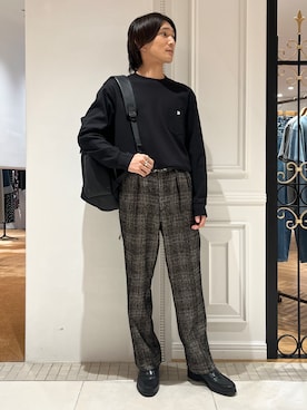 「DRESSTERIOR（ドレステリア）の【抗菌防臭/UVカット/しわ防止】クールデオドラント フライスロングTシャツ（Tシャツ/カットソー、ブラック系）」を使った、がくさん（メンズ・172cm）の秋コーディネート
