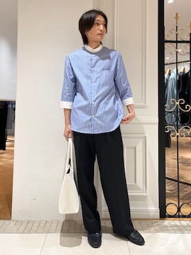 「DRESSTERIOR（ドレステリア）のバンドカラー ストライプスリークォーターシャツ（襯衫、ブルー系）」を使った、がくさん（メンズ・172cm）の春コーディネート