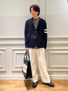 「DRESSTERIOR（ドレステリア）の【ウォッシャブル】スプリング ニットジャケット（カーディガン/ボレロ、ブルー系）」を使った、がくさん（メンズ・172cm）の夏コーディネート