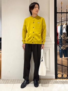「DRESSTERIOR（ドレステリア）の【7色展開】ゼニアバルーファ キャッシュウール ラウンドネックカーディガン（カーディガン/ボレロ、イエロー系）」を使った、がくさん（メンズ・172cm）の秋コーディネート