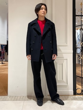 「DRESSTERIOR（ドレステリア）のウォッシャブル コットンカシミヤスムースニット（針織衫、レッド系）」を使った、がくさん（メンズ・172cm）の冬コーディネート