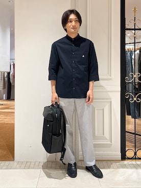 「DRESSTERIOR（ドレステリア）のオーガニックコットン ストレッチバンドカラーシャツ（襯衫、ブルー系）」を使った、がくさん（メンズ・172cm）の夏コーディネート