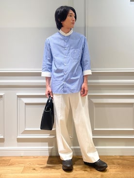「DRESSTERIOR（ドレステリア）のバンドカラー ストライプスリークォーターシャツ（シャツ/ブラウス、ブルー系）」を使った、がくさん（メンズ・172cm）の夏コーディネート